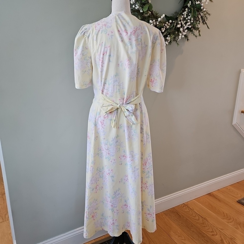 Vintage Style Yellow Floral Puff Sleeve Midi Dress Pastel Tea Party Cottagecore - Picture 4 of 8